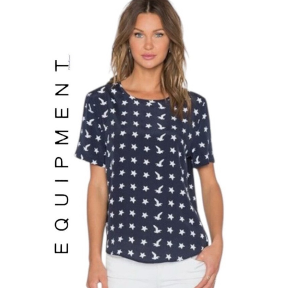 Equipment Silk Navy Tee/Blouse with Short Sleeves
